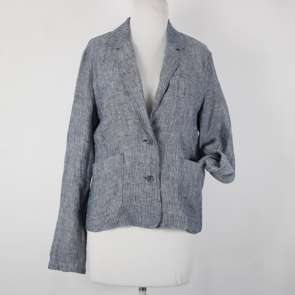 Eileen Fisher Sz M Navy Blue White Striped Unstructured 100% Linen Casual Jacket