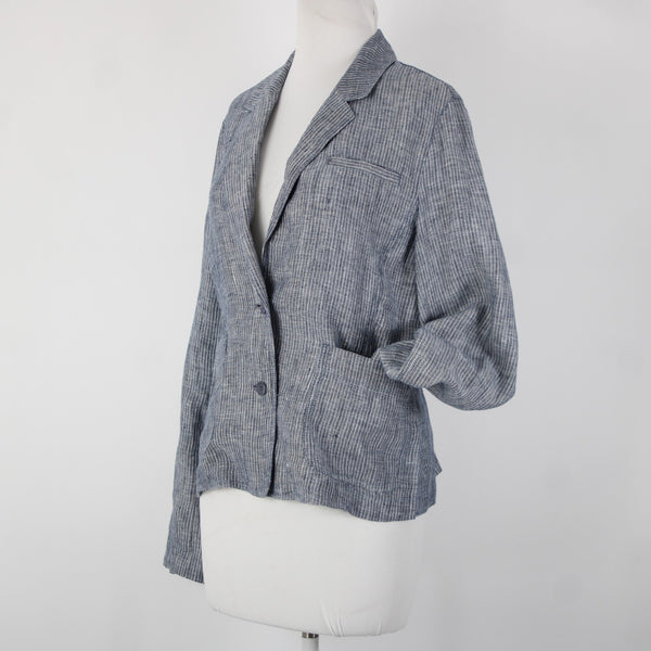 Eileen Fisher Sz M Navy Blue White Striped Unstructured 100% Linen Casual Jacket