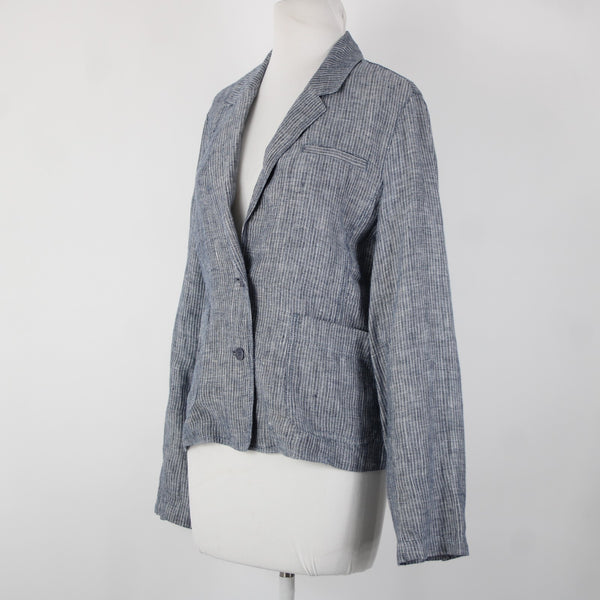 Eileen Fisher Sz M Navy Blue White Striped Unstructured 100% Linen Casual Jacket