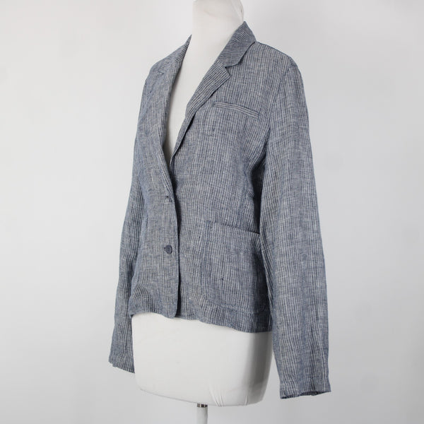 Eileen Fisher Sz M Navy Blue White Striped Unstructured 100% Linen Casual Jacket