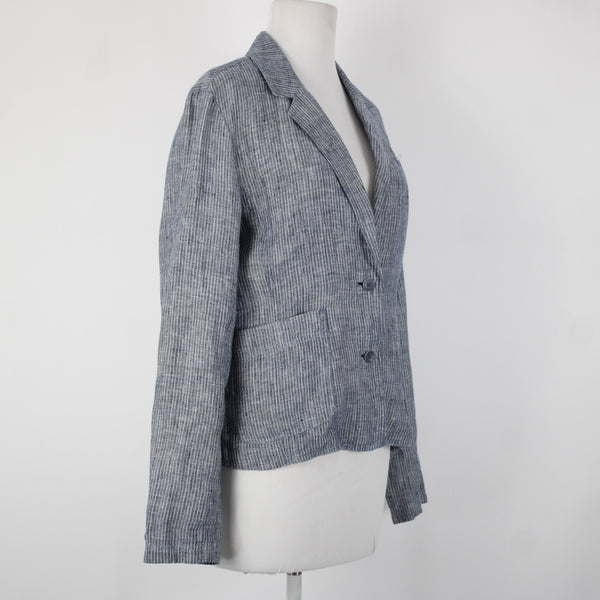 Eileen Fisher Sz M Navy Blue White Striped Unstructured 100% Linen Casual Jacket