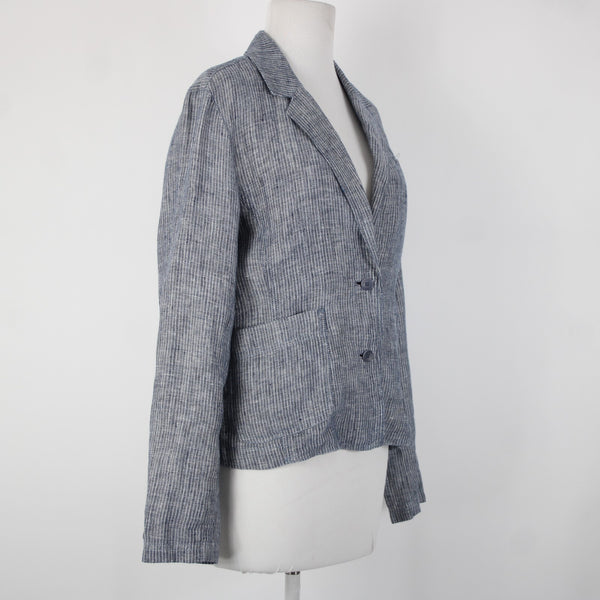 Eileen Fisher Sz M Navy Blue White Striped Unstructured 100% Linen Casual Jacket