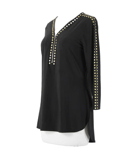 Crystaline Sz M Black Gold Stud High Low 3/4 Sleeve Half Zip Poly Spandex Top