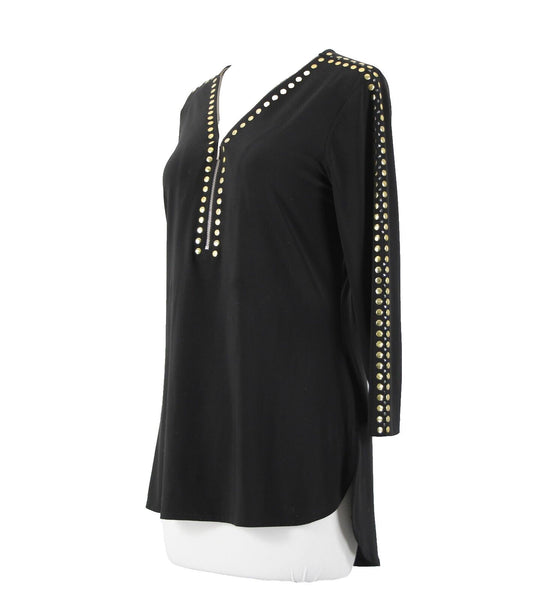 Crystaline Sz M Black Gold Stud High Low 3/4 Sleeve Half Zip Poly Spandex Top