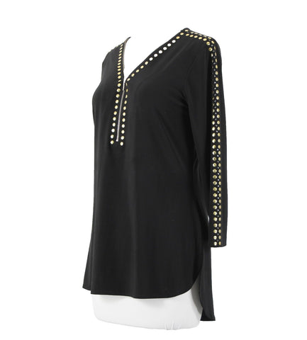 Crystaline Sz M Black Gold Stud High Low 3/4 Sleeve Half Zip Poly Spandex Top