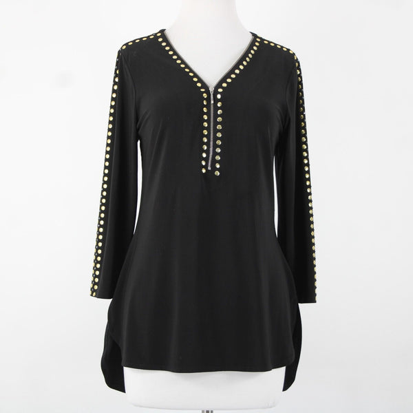 Crystaline Sz M Black Gold Stud High Low 3/4 Sleeve Half Zip Poly Spandex Top