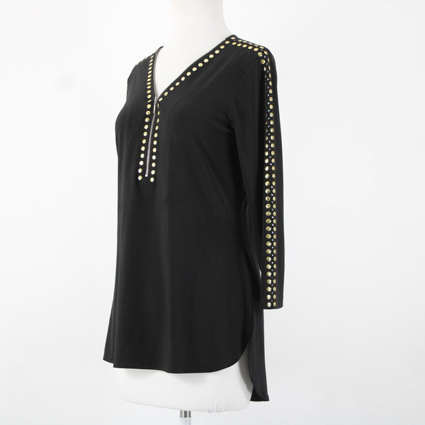Crystaline Sz M Black Gold Stud High Low 3/4 Sleeve Half Zip Poly Spandex Top