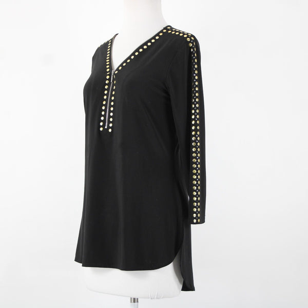 Crystaline Sz M Black Gold Stud High Low 3/4 Sleeve Half Zip Poly Spandex Top