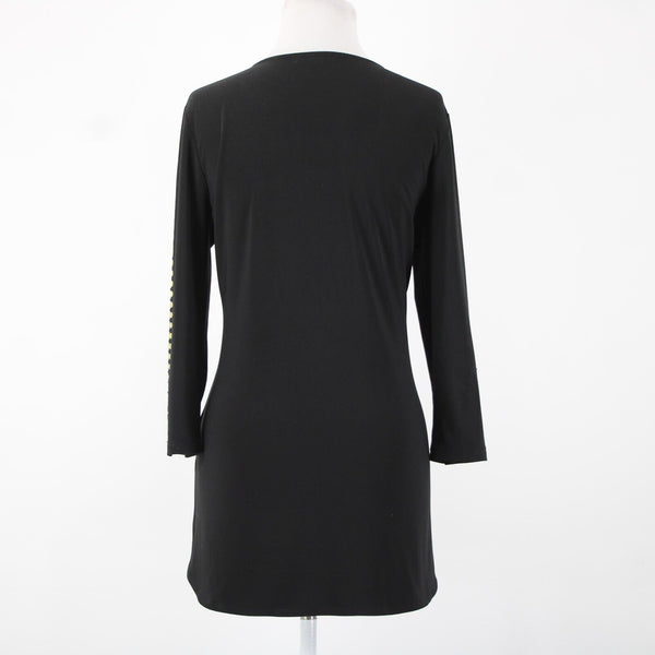 Crystaline Sz M Black Gold Stud High Low 3/4 Sleeve Half Zip Poly Spandex Top