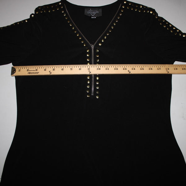 Crystaline Sz M Black Gold Stud High Low 3/4 Sleeve Half Zip Poly Spandex Top