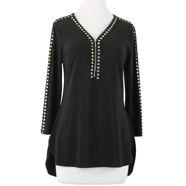 Crystaline Sz M Black Gold Stud High Low 3/4 Sleeve Half Zip Poly Spandex Top