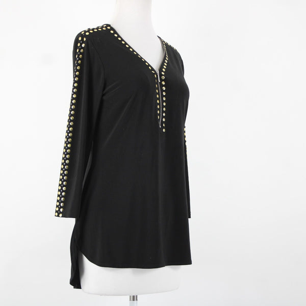 Crystaline Sz M Black Gold Stud High Low 3/4 Sleeve Half Zip Poly Spandex Top