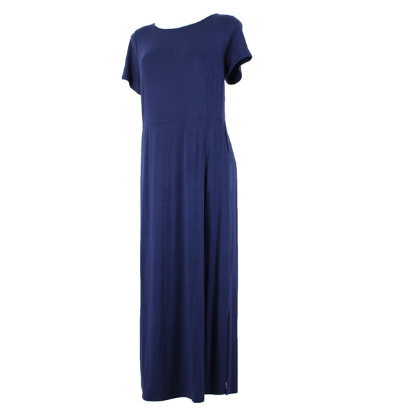 J Jill Dress Sz M Navy Blue Short Sleeve Pockets Maxi Rayon Spandex Dress