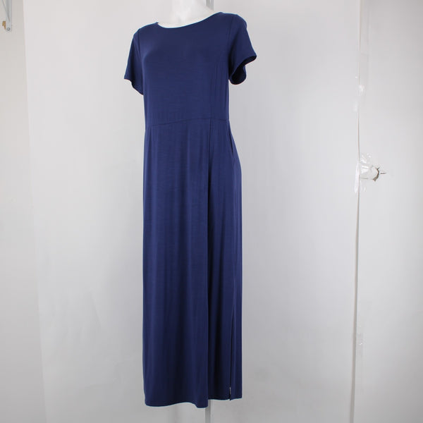 J Jill Dress Sz M Navy Blue Short Sleeve Pockets Maxi Rayon Spandex Dress