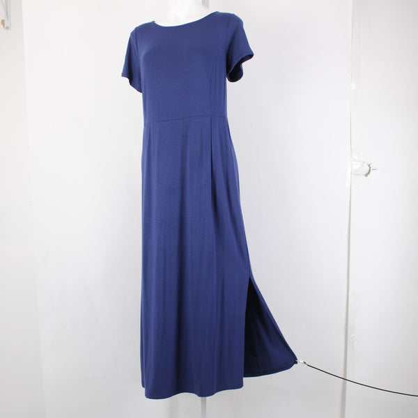 J Jill Dress Sz M Navy Blue Short Sleeve Pockets Maxi Rayon Spandex Dress