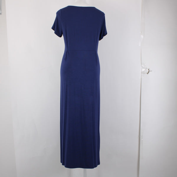 J Jill Dress Sz M Navy Blue Short Sleeve Pockets Maxi Rayon Spandex Dress