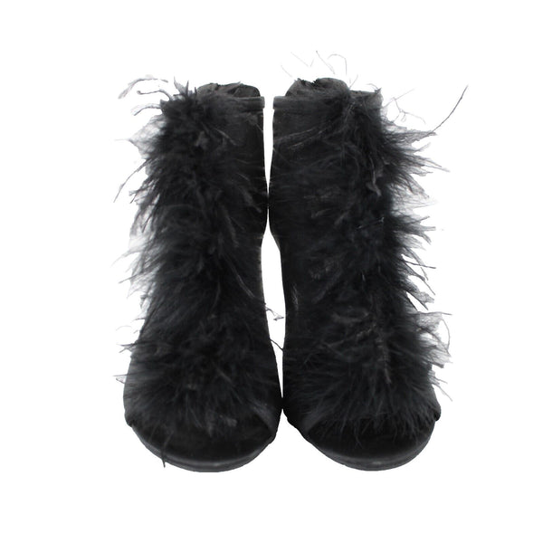 Reaction Kenneth Cole Smash Boa Sz 5.5 M Black Feathers Open Toe Textile 3" Heel