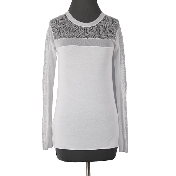 BCBG Maxazria Top Sz XXS White Lace Sleeves Lace Open Back Modal Nylon Top