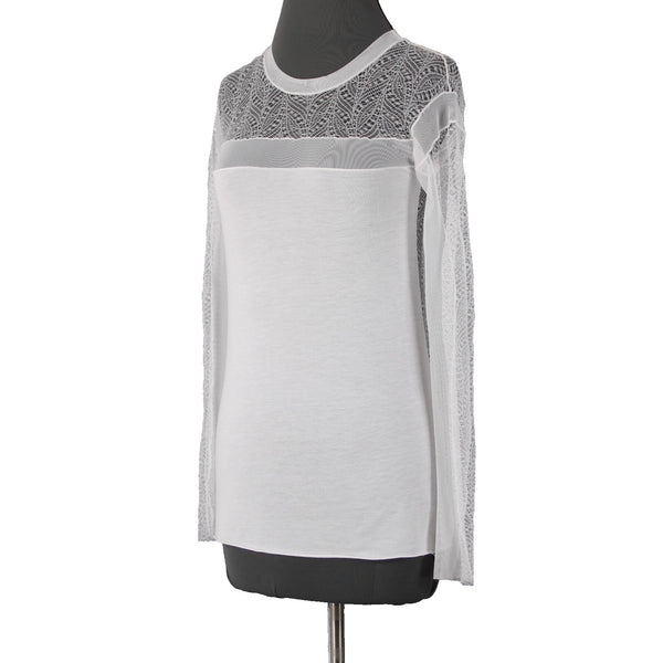 BCBG Maxazria Top Sz XXS White Lace Sleeves Lace Open Back Modal Nylon Top