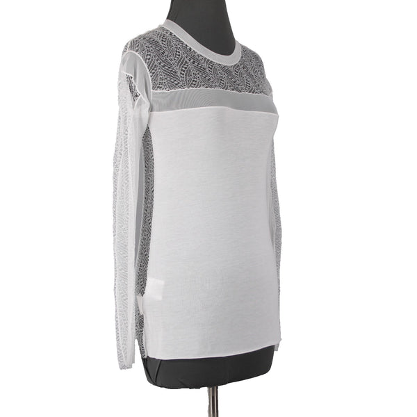 BCBG Maxazria Top Sz XXS White Lace Sleeves Lace Open Back Modal Nylon Top