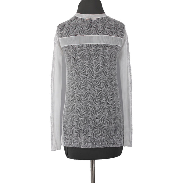 BCBG Maxazria Top Sz XXS White Lace Sleeves Lace Open Back Modal Nylon Top