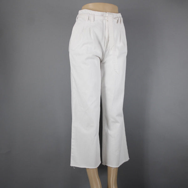 J Brand Sz 26 x 25 White Belted Wide Leg Ankle Raw Hem 100% Cotton Pant