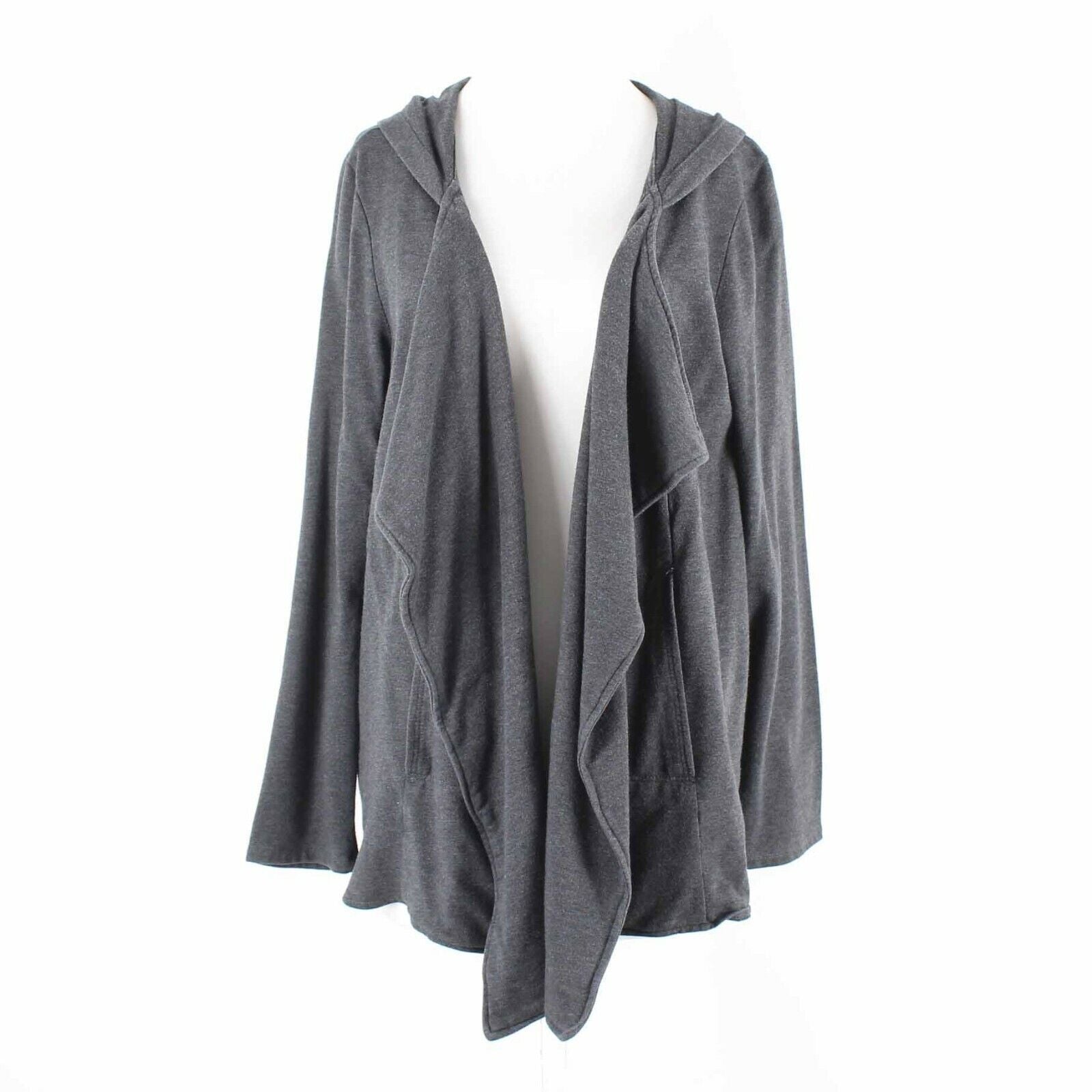 Pure Jill Sz L Charcoal Open Hooded Waterfall Collar Cotton Knit Blend Wrap
