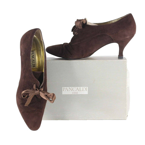 Pancaldi Giallo Sz 8 Brown Upper Suede Tie Up 3" Ankle Bootie Heels