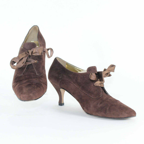 Pancaldi Giallo Sz 8 Brown Upper Suede Tie Up 3" Ankle Bootie Heels