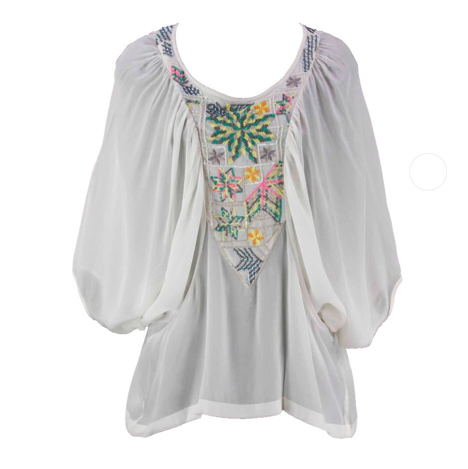 Tanvi Kedia NEW $178 Sz XS Cream Multi Color Beaded Batwing Sleeve Rayon Top