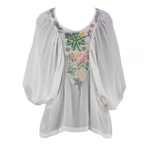 Tanvi Kedia NEW $178 Sz XS Cream Multi Color Beaded Batwing Sleeve Rayon Top