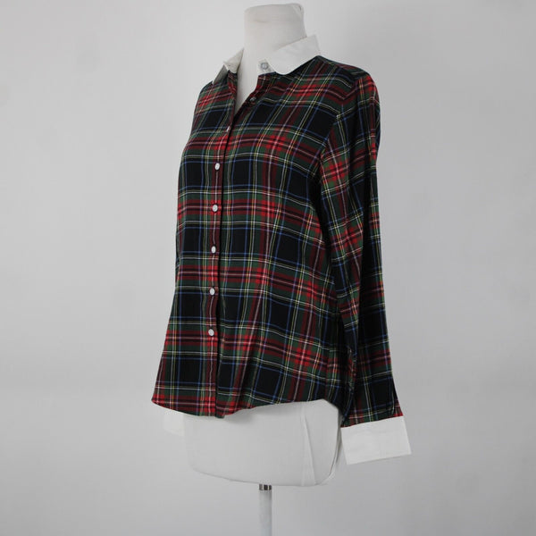 Brooks Brothers Red Flannel Sz 10 Red Multicolor Plain Collared 100% Cotton Top