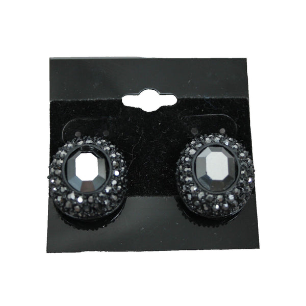 St John Black Rhinestone Pave Bezel Round 1" Clip On Earrings