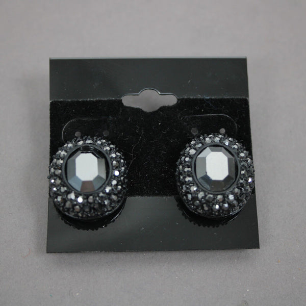 St John Black Rhinestone Pave Bezel Round 1" Clip On Earrings