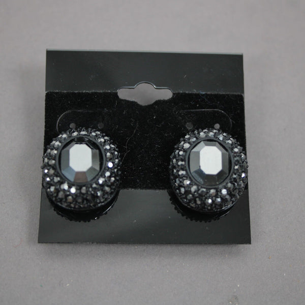 St John Black Rhinestone Pave Bezel Round 1" Clip On Earrings
