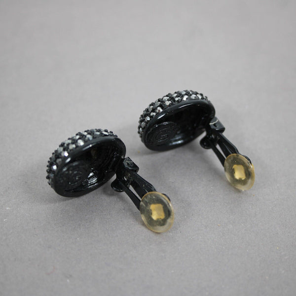 St John Black Rhinestone Pave Bezel Round 1" Clip On Earrings