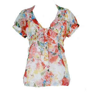 Vertigo Paris S Pink Yellow Multi 100% Polyester Self Tie Button Front Top