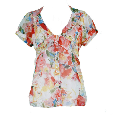 Vertigo Paris S Pink Yellow Multi 100% Polyester Self Tie Button Front Top