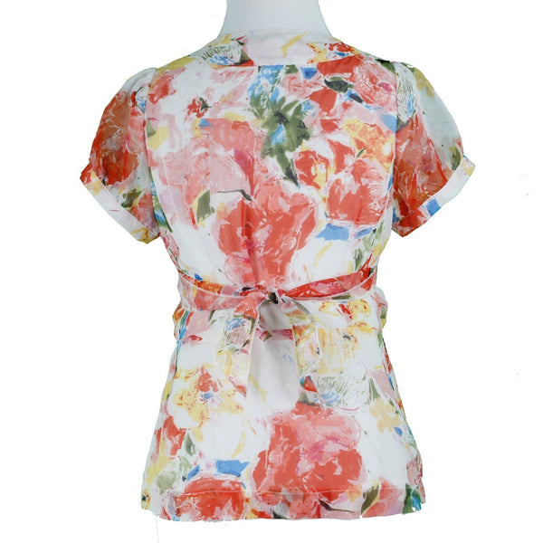 Vertigo Paris S Pink Yellow Multi 100% Polyester Self Tie Button Front Top