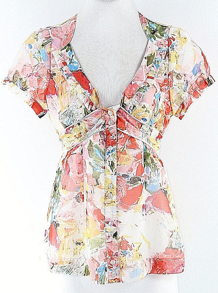 Vertigo Paris S Pink Yellow Multi 100% Polyester Self Tie Button Front Top