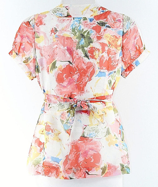 Vertigo Paris S Pink Yellow Multi 100% Polyester Self Tie Button Front Top