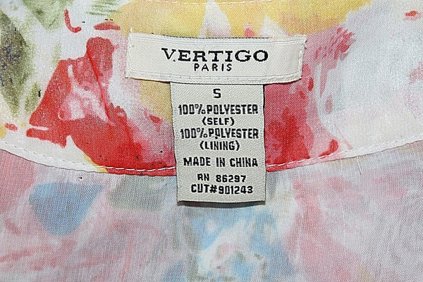 Vertigo Paris S Pink Yellow Multi 100% Polyester Self Tie Button Front Top