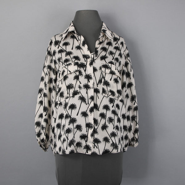 La'Gence Top Sz S Gray Black Palm Trees Collared Buttons 100% Polyester Top