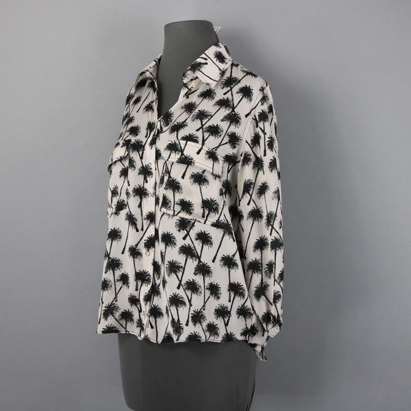 La'Gence Top Sz S Gray Black Palm Trees Collared Buttons 100% Polyester Top