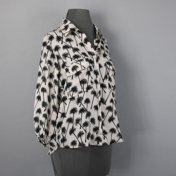 La'Gence Top Sz S Gray Black Palm Trees Collared Buttons 100% Polyester Top