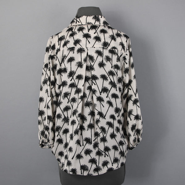 La'Gence Top Sz S Gray Black Palm Trees Collared Buttons 100% Polyester Top