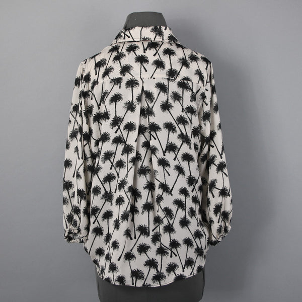 La'Gence Top Sz S Gray Black Palm Trees Collared Buttons 100% Polyester Top