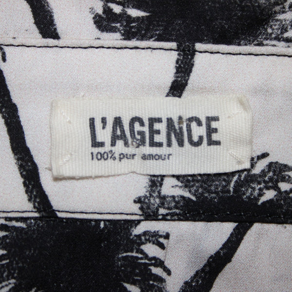 La'Gence Top Sz S Gray Black Palm Trees Collared Buttons 100% Polyester Top