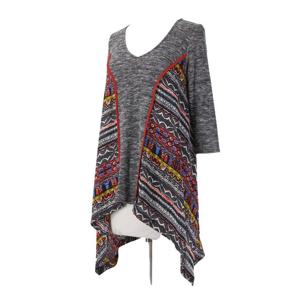 Citron Top Poeme Sz M Black White Multi Colored Asymmetrical Poly Rayon Top