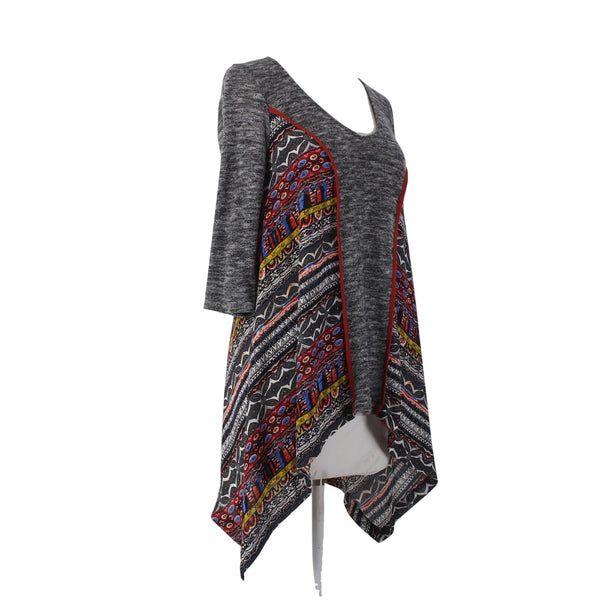 Citron Top Poeme Sz M Black White Multi Colored Asymmetrical Poly Rayon Top